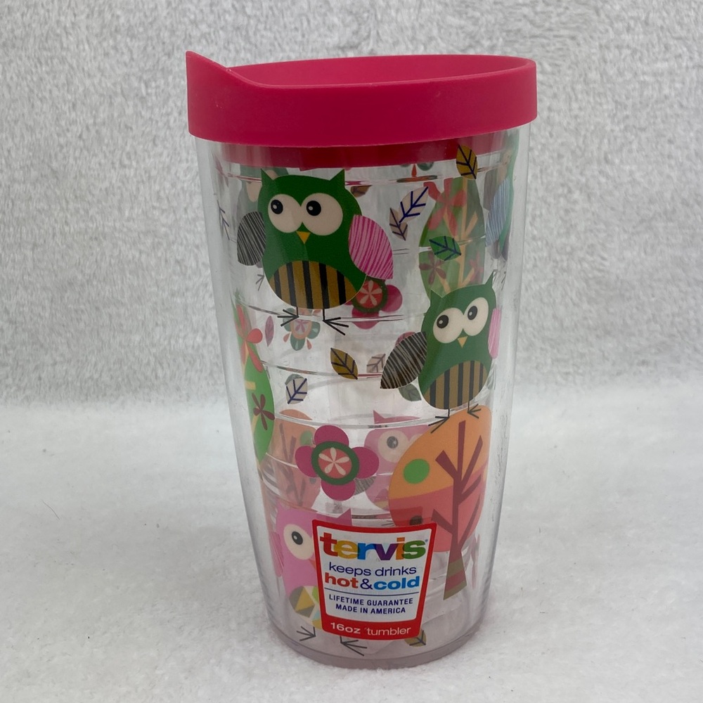 Tervis Clear Tumbler with Pink and Green Owl Motif 16 oz.